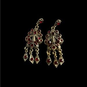 Red‎ Rhinestones Goldtone Tassel Drop Earrings